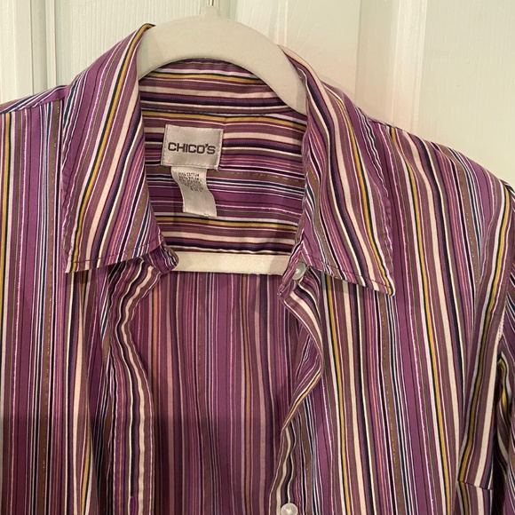 💜 💚Chico’s Long Sleeve White, Black, Purple & Green Striped Button Down Blouse - Picture 4 of 7